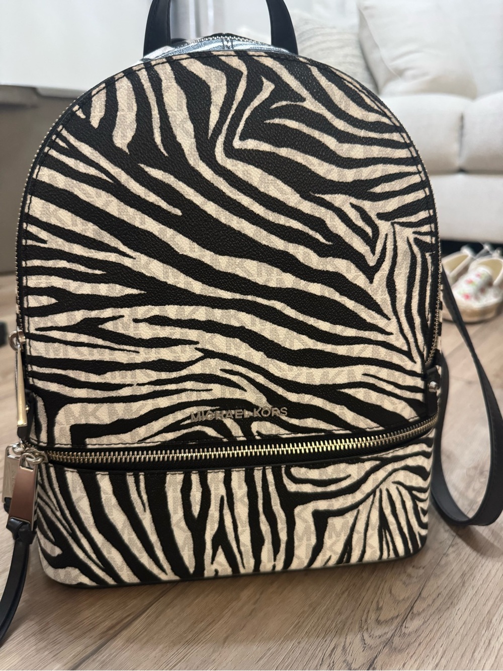 Michael Kors Black and Cream Zebra-Print Mini Backpack